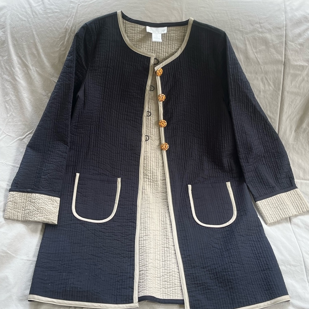 Soft Surroundings Black and Tan Quilted Blazer with Wooden Button